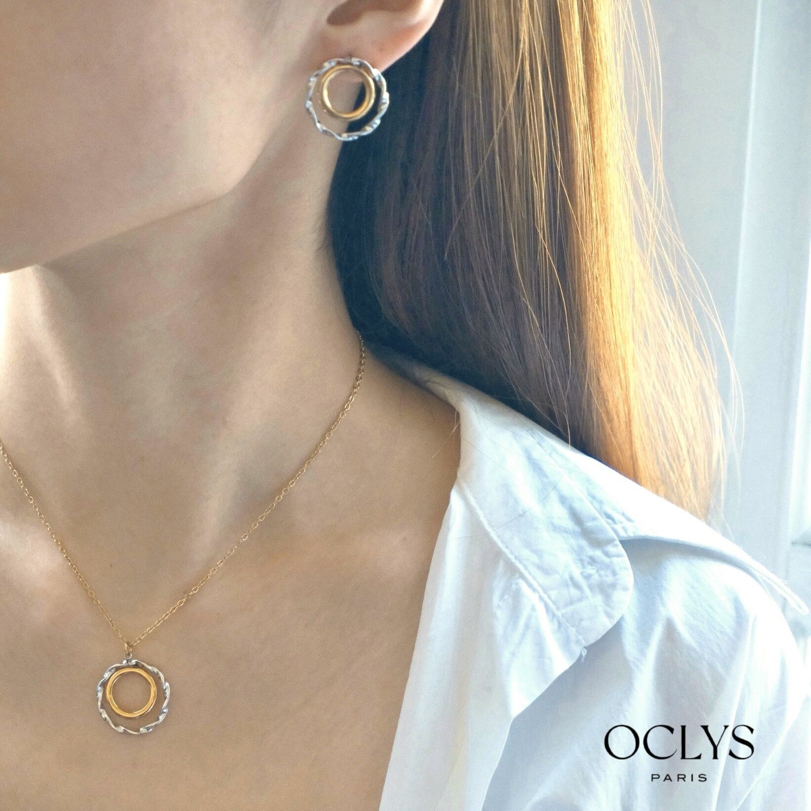 Oriane fine chain necklace with two-tone double circle in stainless steel