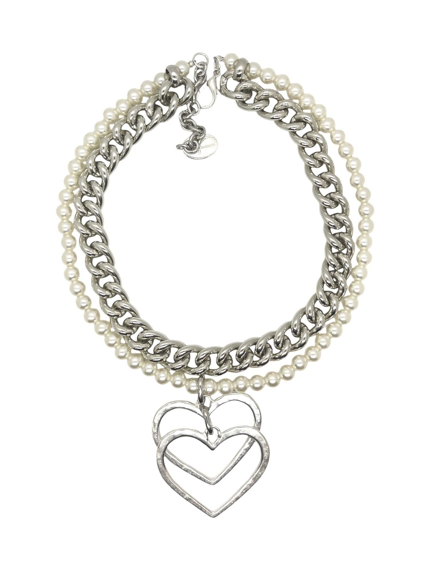 Double pearl and chain choker with heart waterfall in silver