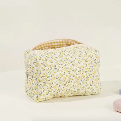 Borsa per il trucco trapuntata e gonfia floreale⎜Borsa da viaggio per cosmetici⎜Giallo