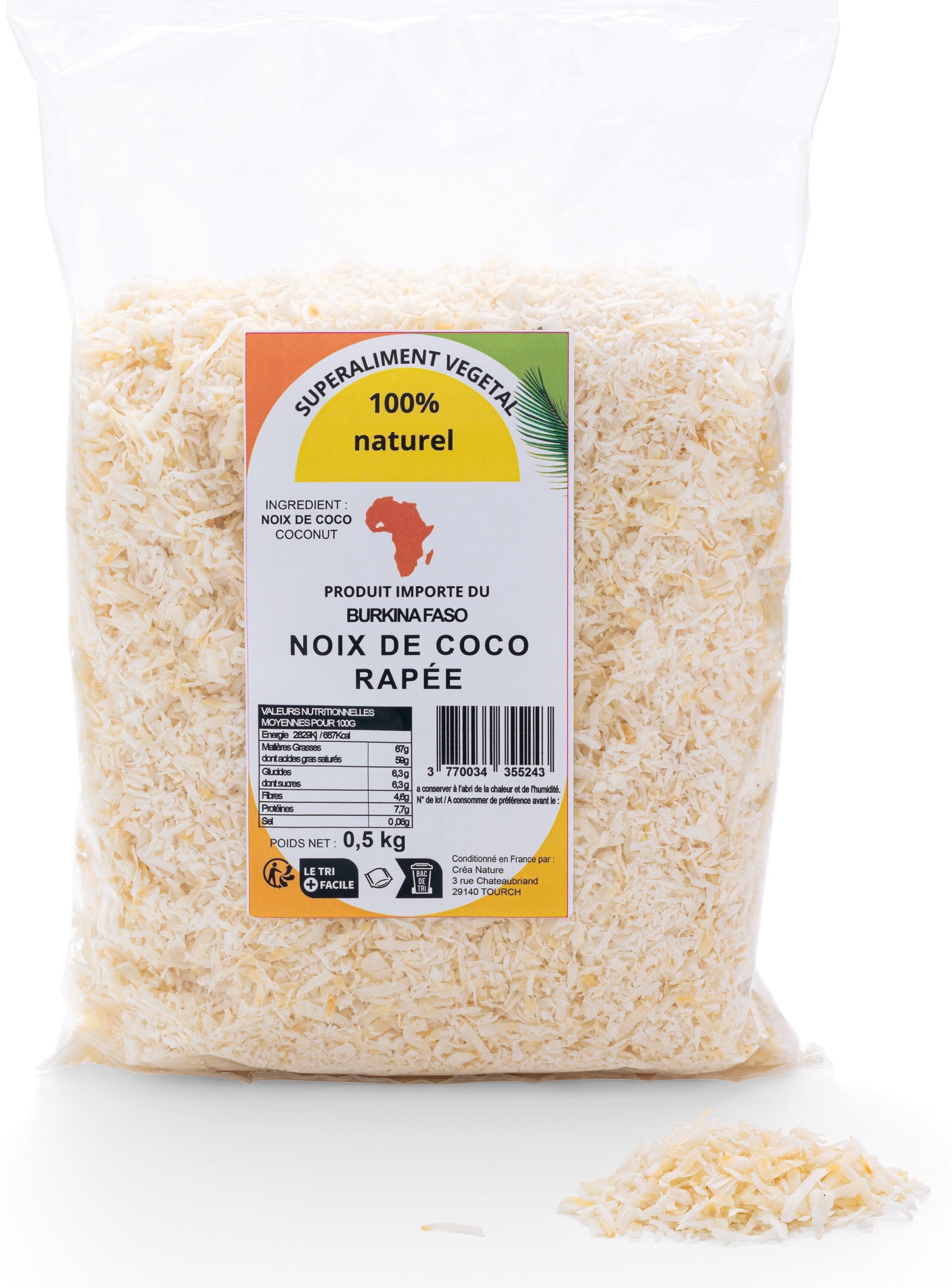 Noix de coco râpée, 100% naturelles, sans sucre ajouté et sans conservateurs, 500g