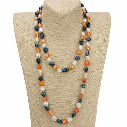 Long cultured pearl necklace with fantasy pearls, 120cm, turquoise-orange-cream