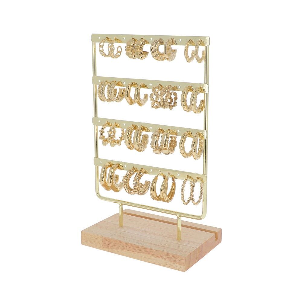 Kit of 32 (16+16) hoop earrings - gold - display stand included