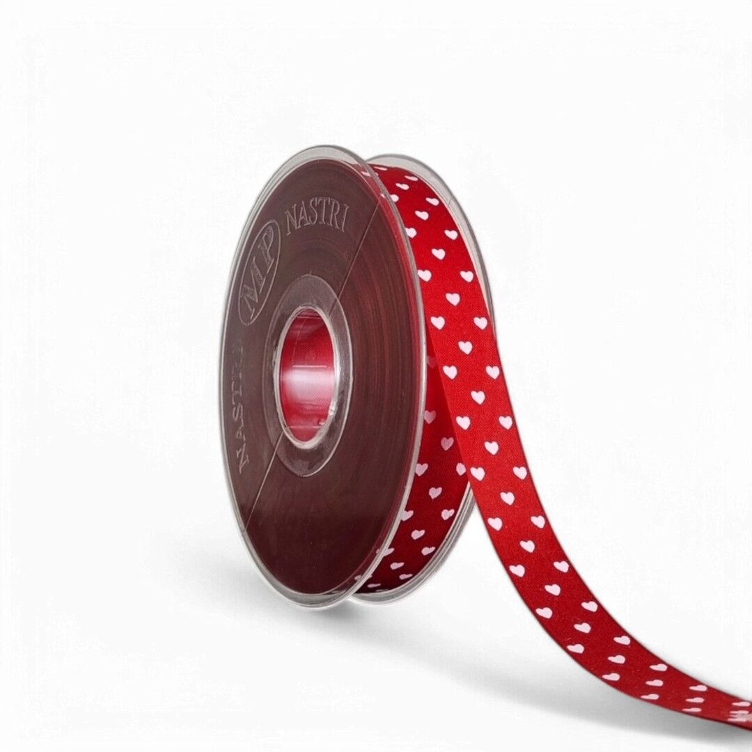 Nastro – Raso – Cuori Bianchi – Rosso – 45m x 15mm
