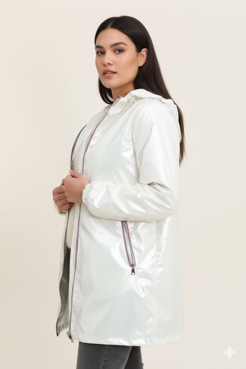 Giacca a vento reversibile con cappuccio di media lunghezza, taglie forti