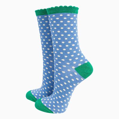 Calcetines con purpurina para mujer: azul vaquero/verde, lunares