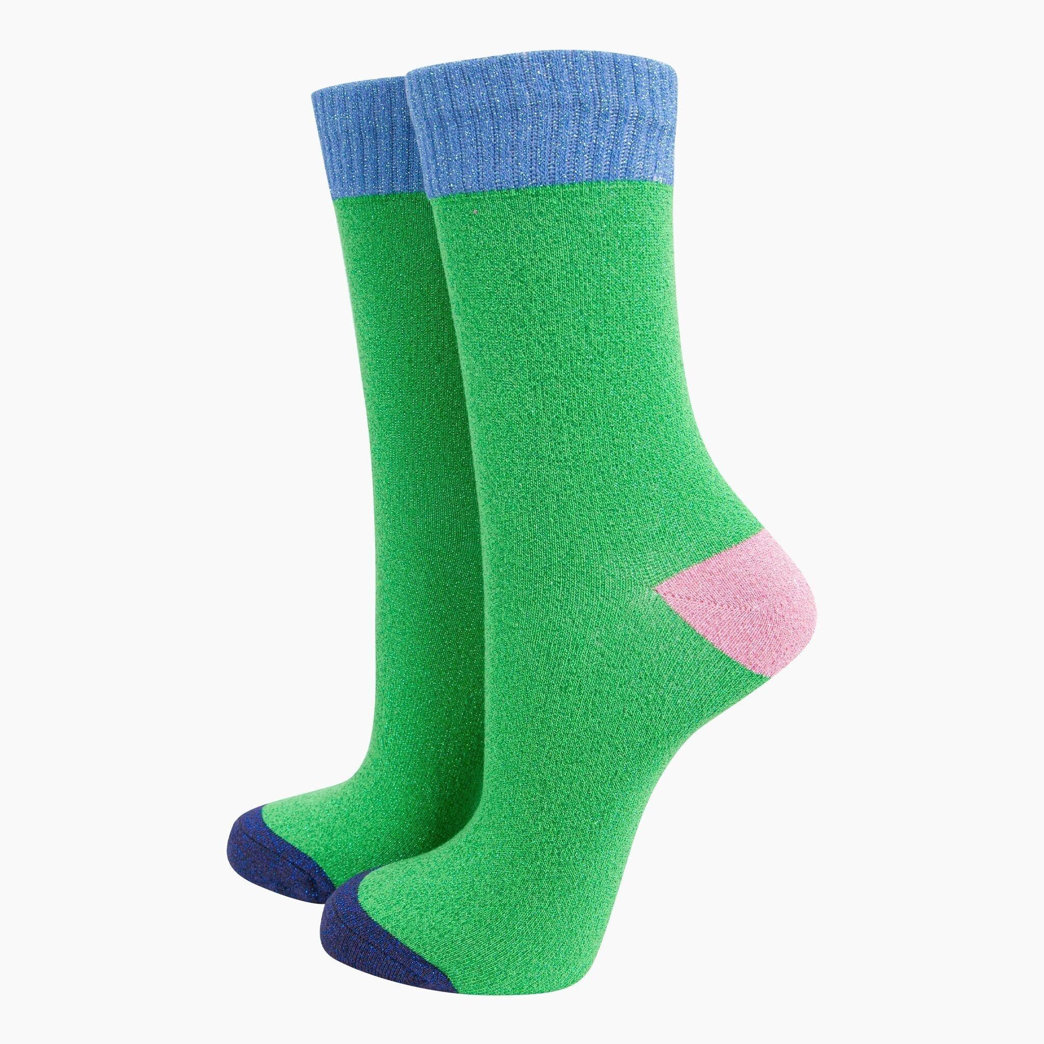 Women's Glitter Socks - Lime/Denim Blue, Multi Colour