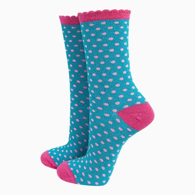 Calcetines con purpurina para mujer: turquesa/rosa fuerte, lunares