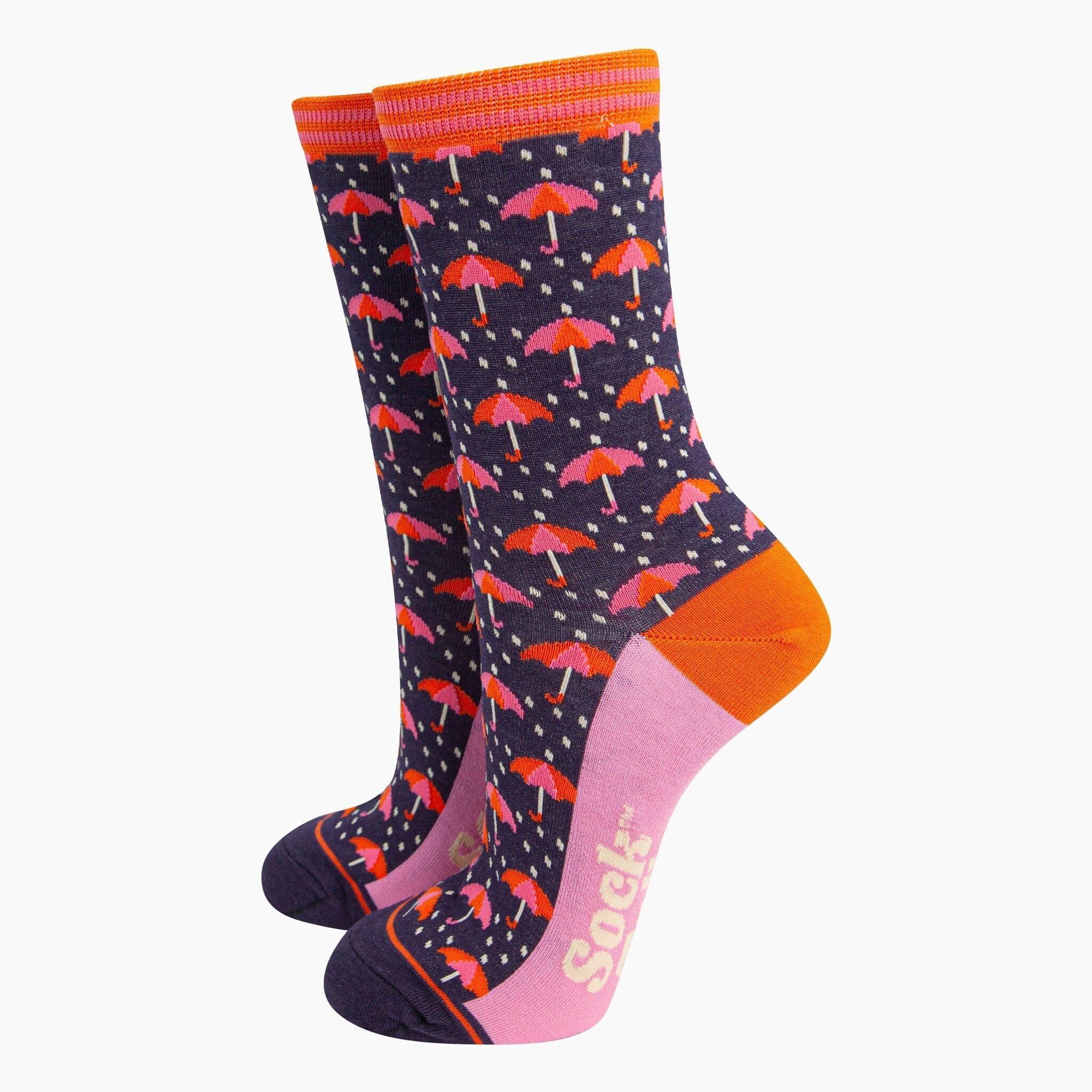 Women's Bamboo Socks - Navy, Umbrellas and Raindrops