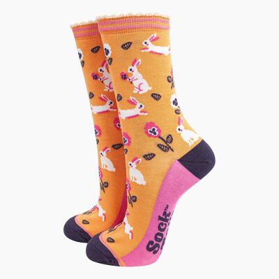 Chaussettes en bambou pour femmes - Orange, lapin et fleurs