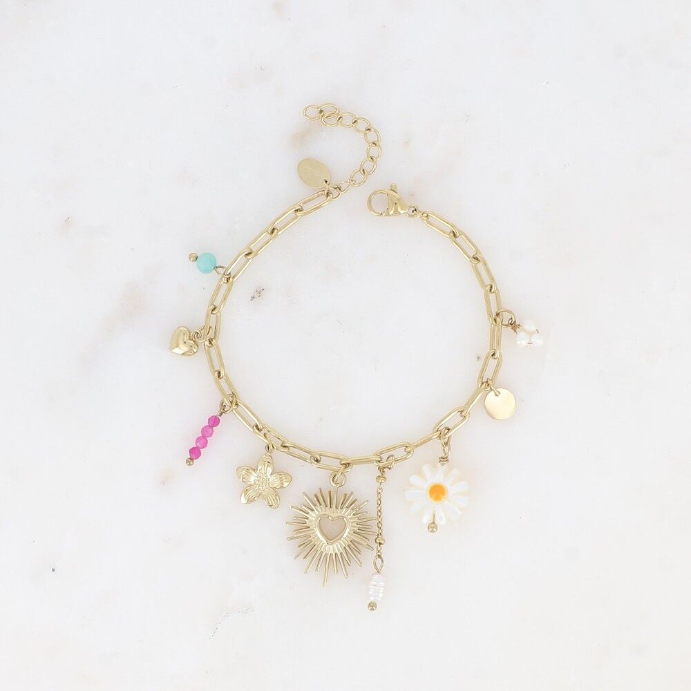 Bracciale - pietre naturali, ciondolo a forma di cuore scintillante traforato, perle d'acqua dolce, fiori