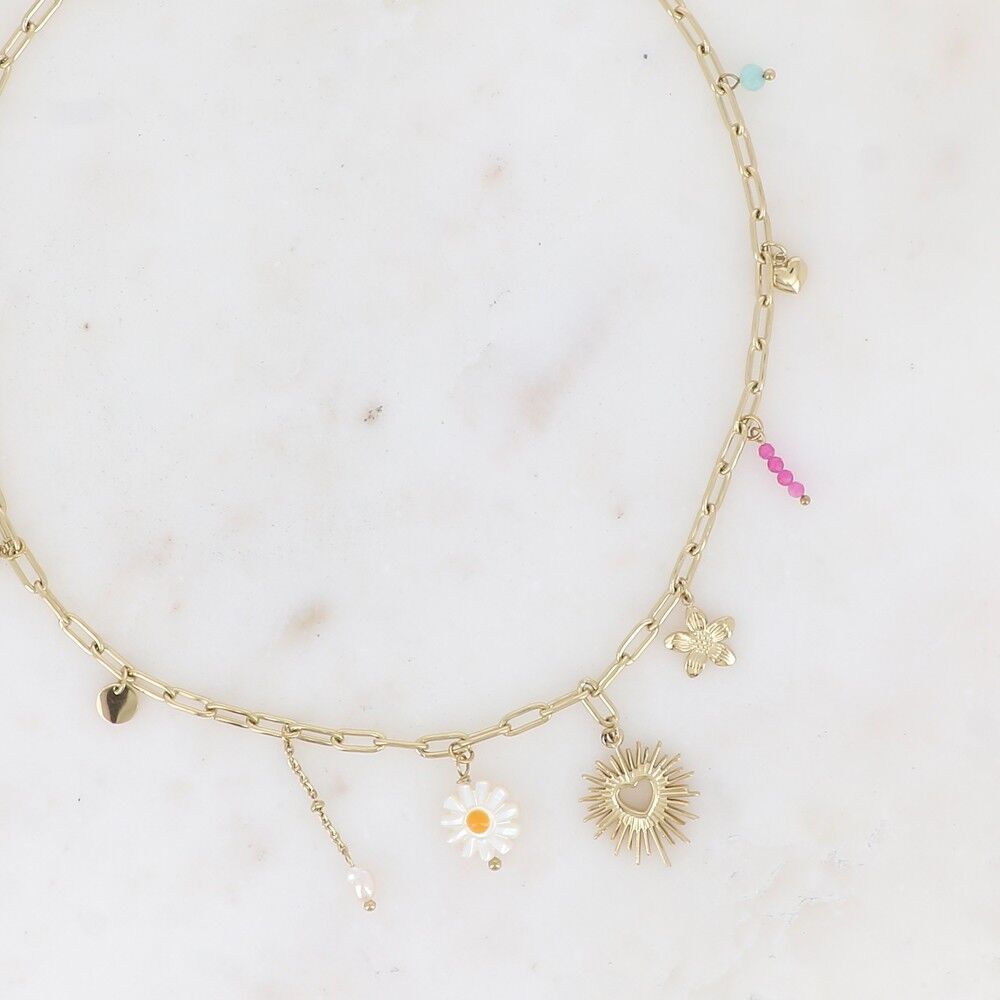 Halskette - Natursteine, durchbrochener funkelnder Herzanhänger, Süßwasserperlen, Blumen