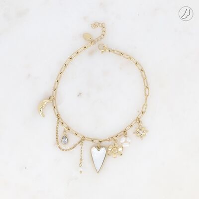 Anklet - mesh with oval rings with charms (pearl heart, flower, star, freshwater pearls, moon, crystals)