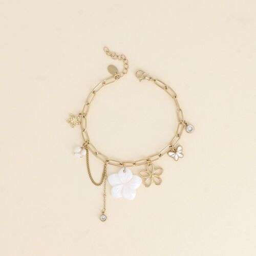 Bracelet - fleur nacrée, fleurs, papillon, cristal et perles d'eau douce