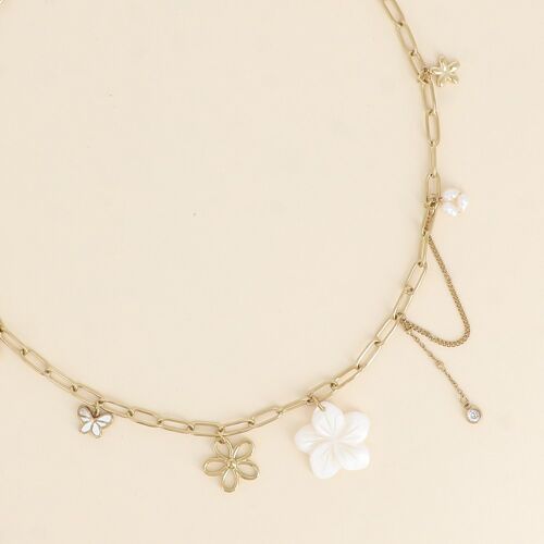 Collier - fleur nacrée, fleurs, papillon, cristal et perles d'eau douce