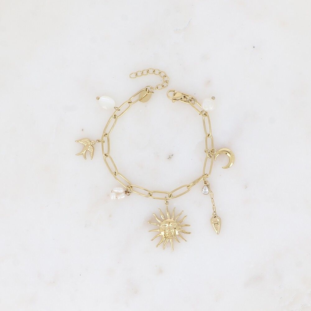 Bracciale - maglia con ciondoli (sole, cuore, luna, uccello, perle d'acqua dolce e cristallo)