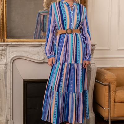 Vestido camisero con estampado geométrico, corte evasé y frunces