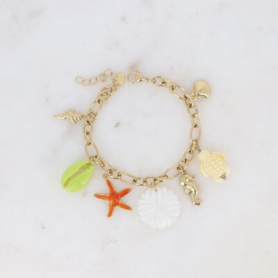 Bracelet - fleur nacrée, breloques marins (étoile de mer, tortue et cauri émaillés, coquillages)