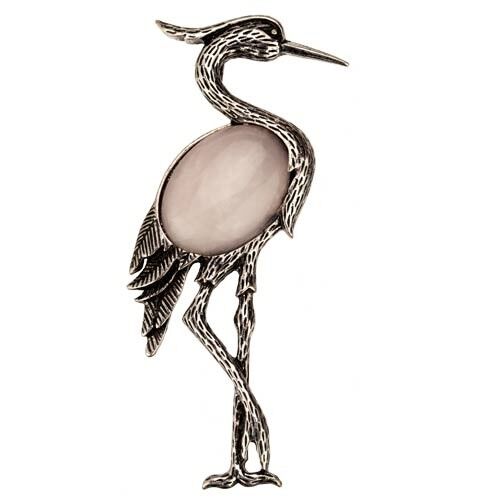 Pendentif/Broche Héron, Quartz Rose
