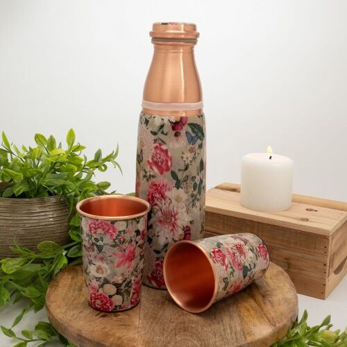 Pure copper set of bottle floral print white ± 950 ml with 2 straight cups