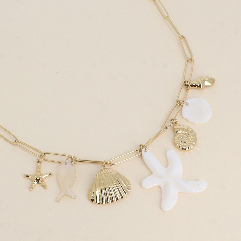 Halskette - Meeresanhänger (Seesterne, Acetatfische und Muscheln) und Glaspasten