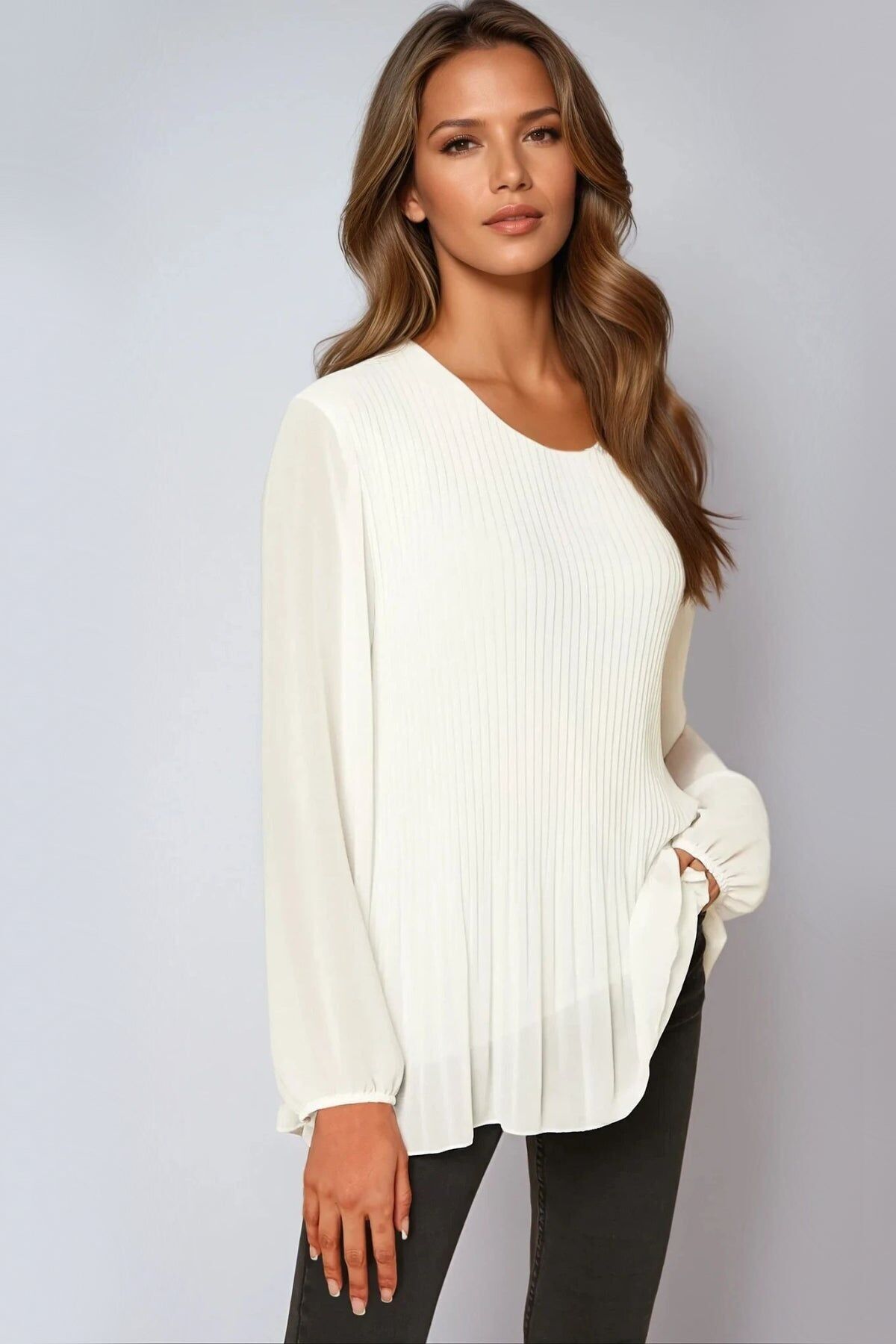 Chemisier blanc plissé à manches longues