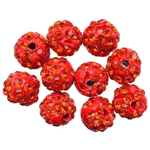 100 palline con pietre, 10mm, rosso-arancio