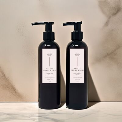 Coffret savon et lotion pour les mains et le corps, 2 x 250 ml, pivoine veloutée et oud, végétalien, sans parabène