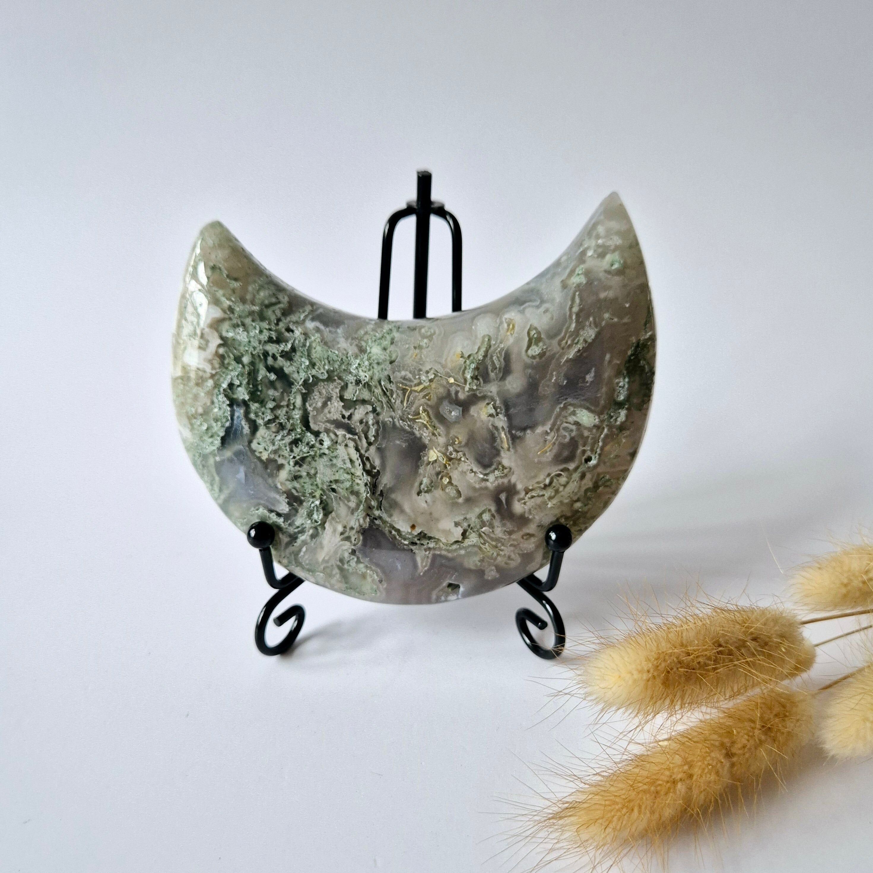 Edelstein Moosachat Mond auf Ständer (Druzy & Muster) Nr. 109 333 Gramm