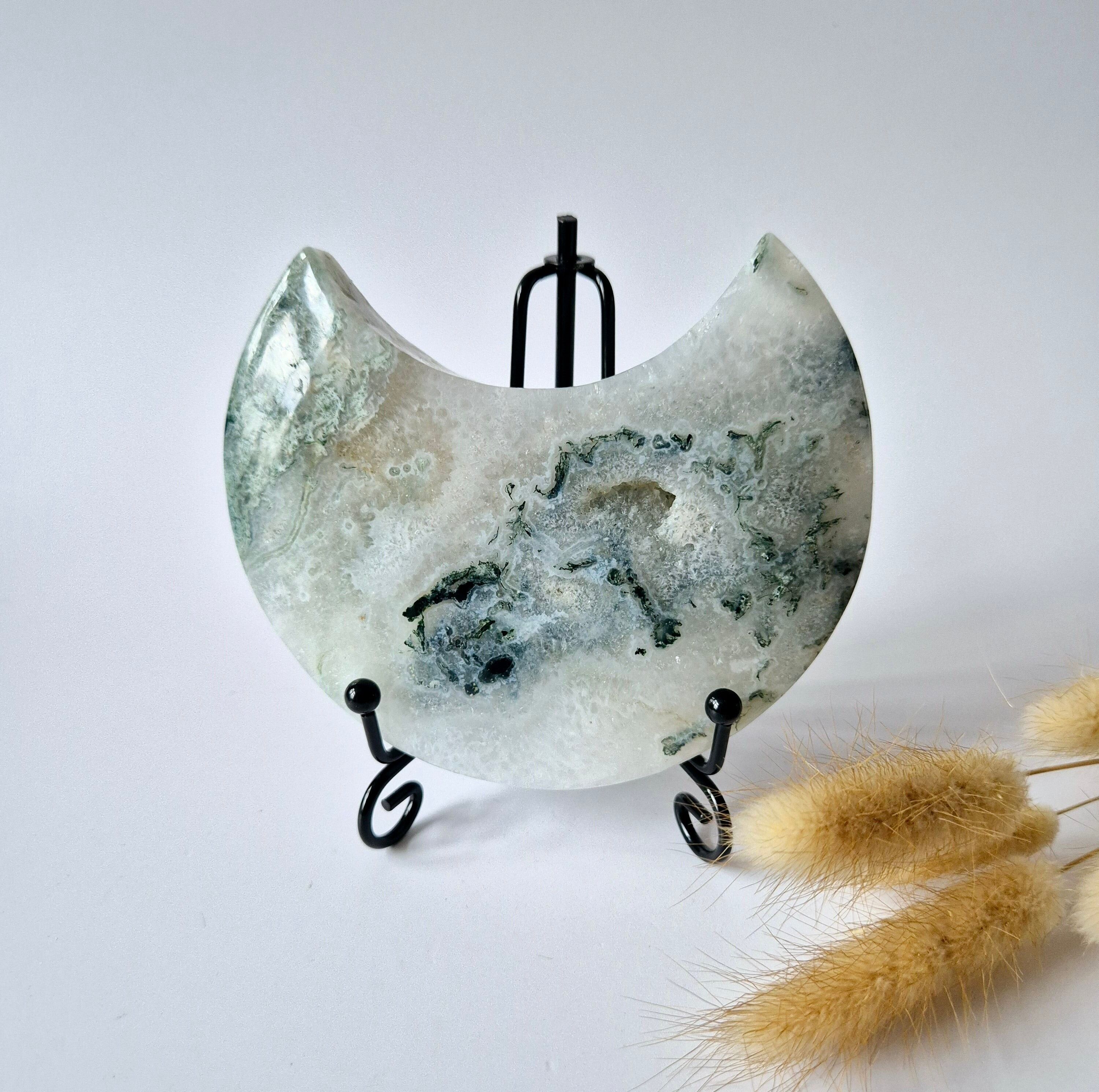 Edelstein Moosachat Mond auf Ständer (Druzy & Muster) Nr. 107 328 Gramm