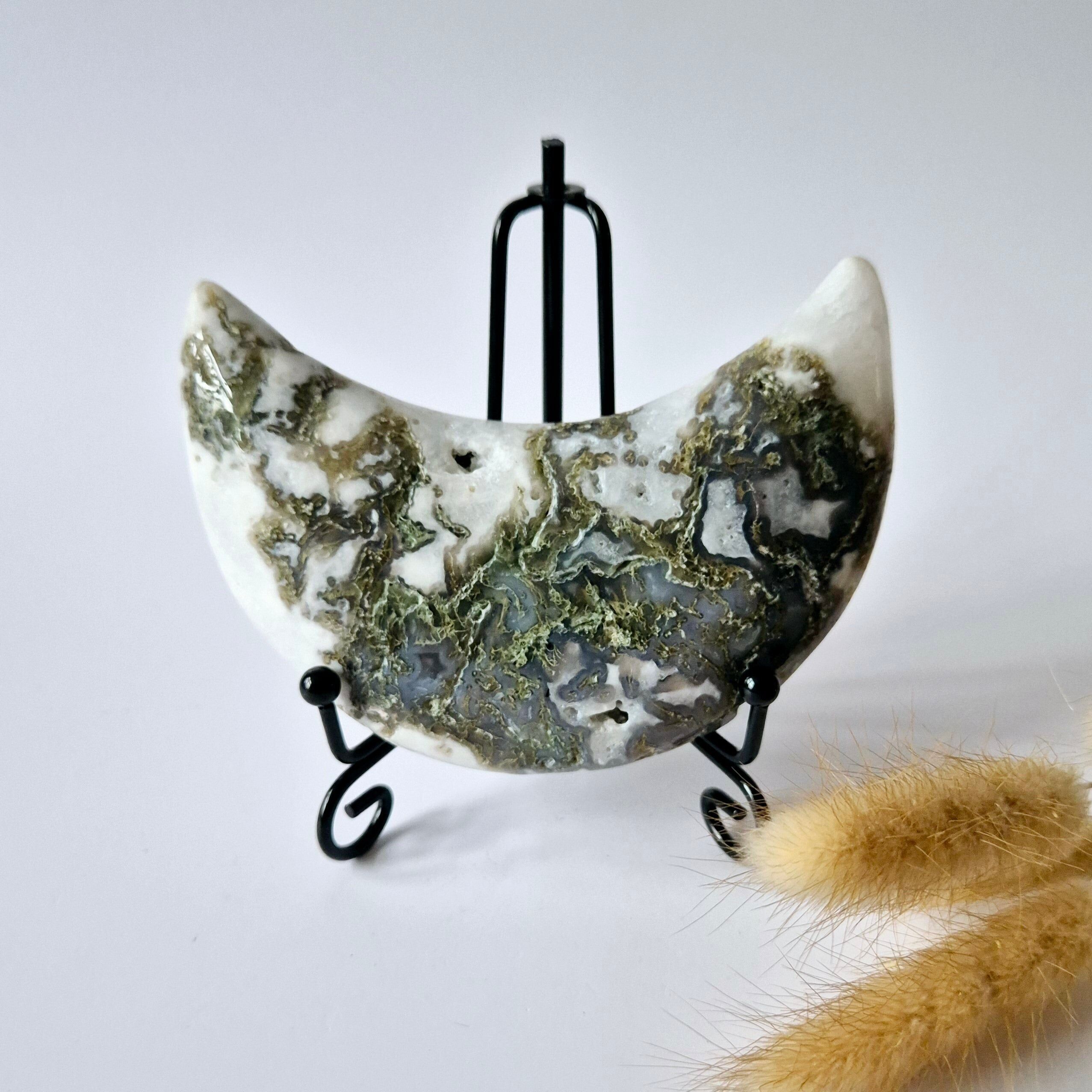 Edelstein Moosachat Mond auf Ständer (Druzy & Muster) Nr. 110 291 Gramm