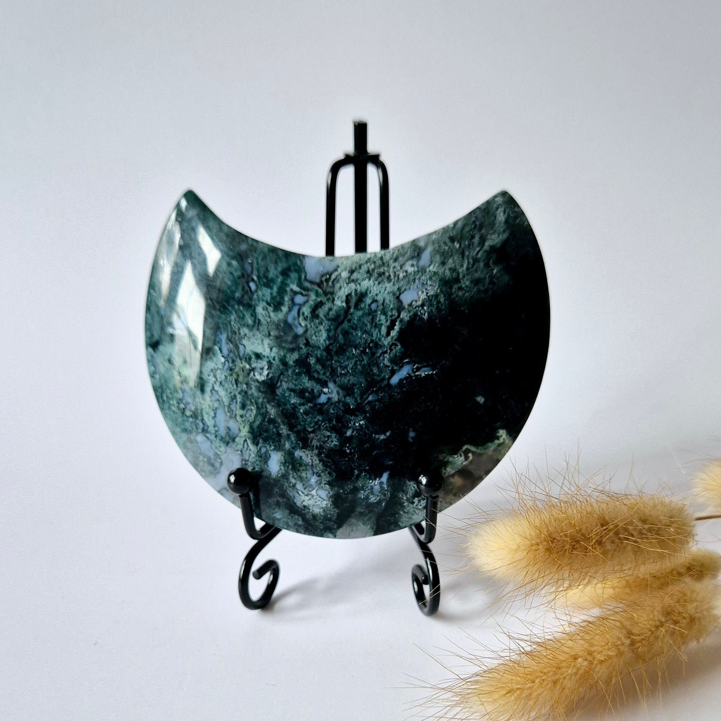 Edelstein Moosachat Mond auf Ständer (Druzy & Muster) Nr. 111 278 Gramm