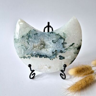 Gemstone Moss Agate Moon on Stand (Druzy & Patterns) #112 389grams