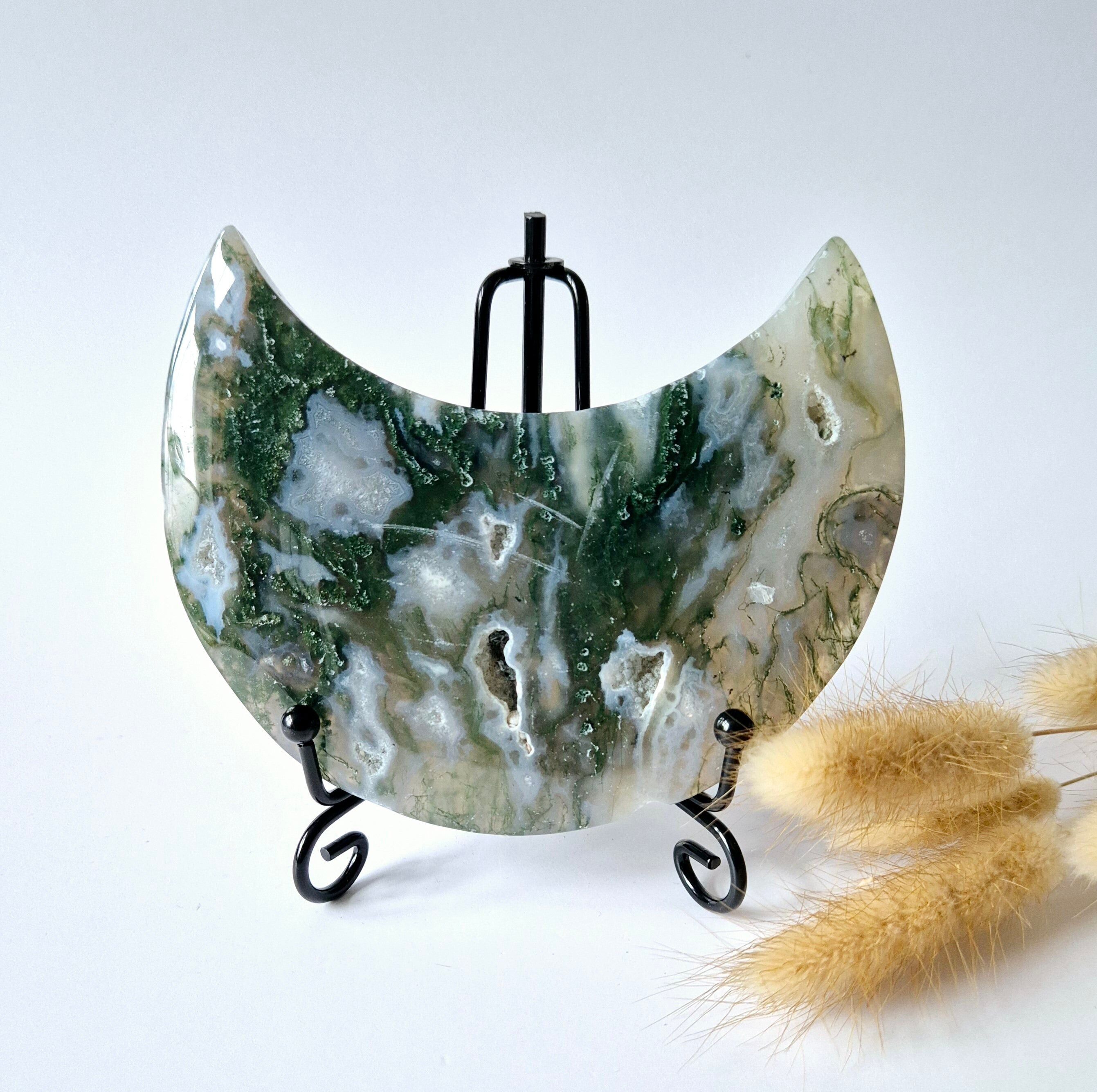 Edelstein Moosachat Mond auf Ständer (Druzy & Muster) Nr. 114 283 Gramm