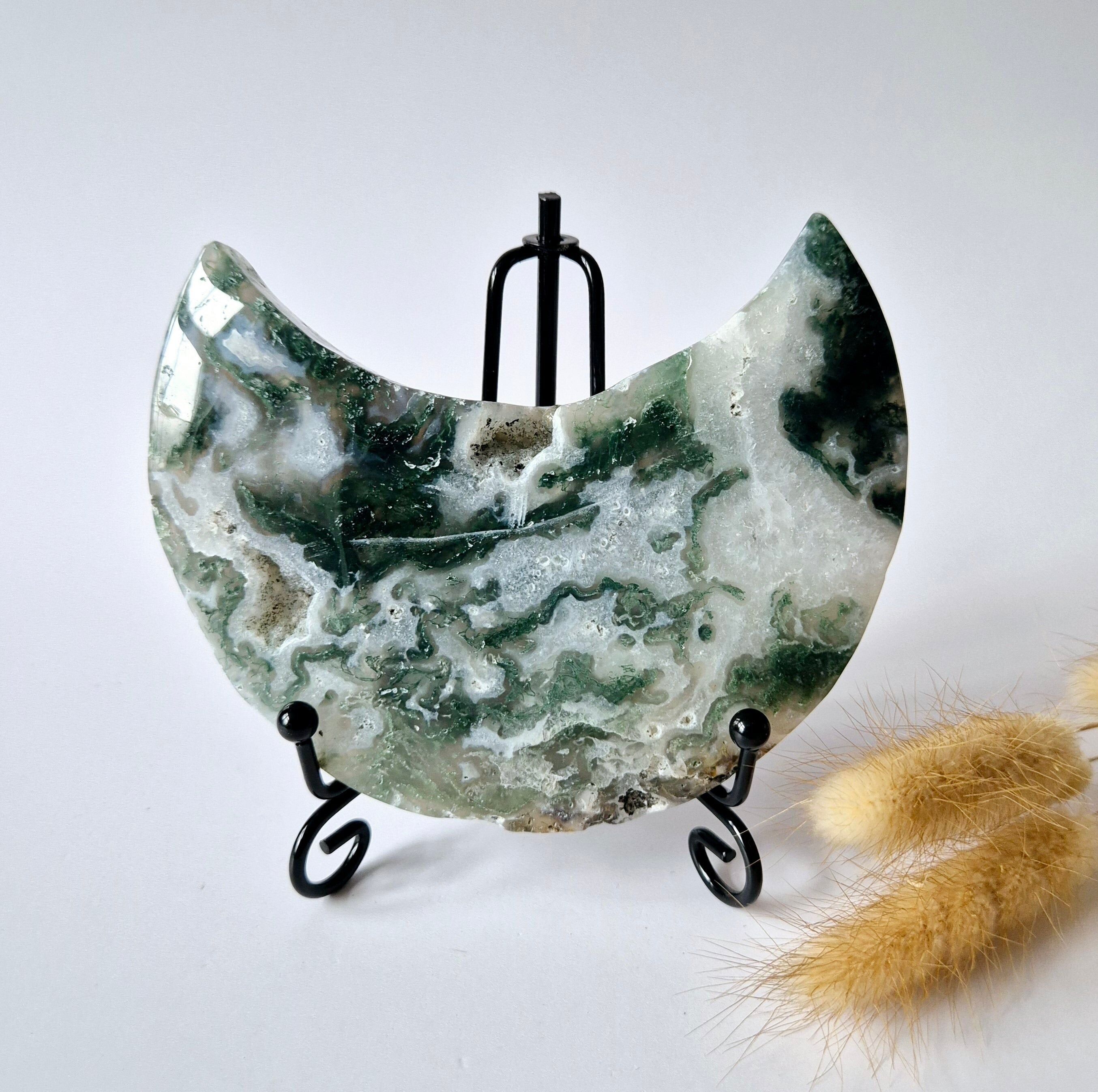 Edelstein Moosachat Mond auf Ständer (Druzy & Muster) Nr. 115 274 Gramm