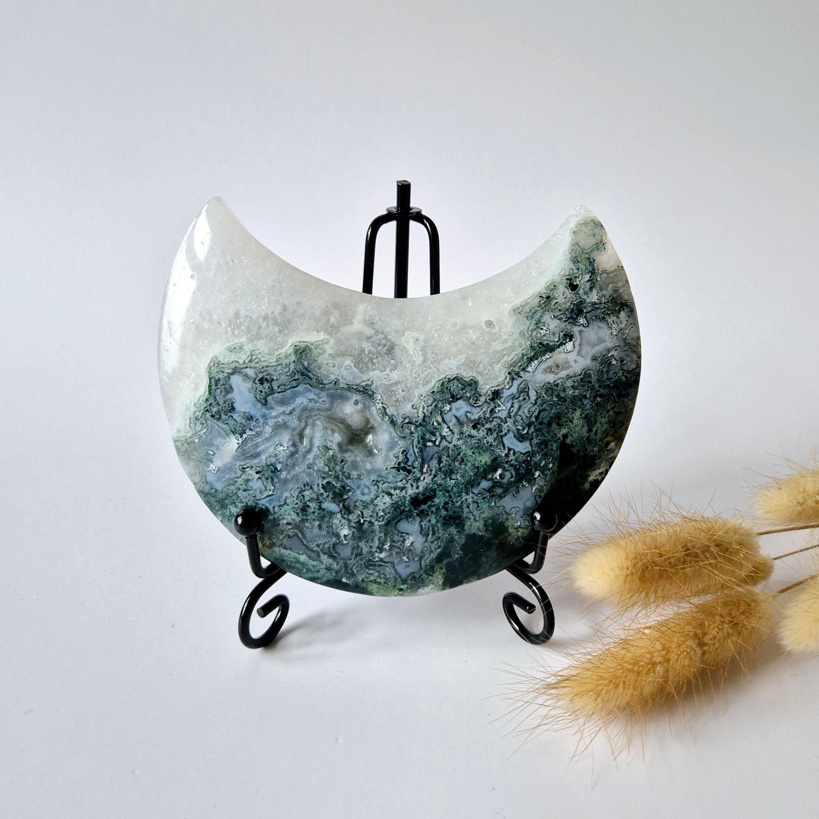 Edelstein Moosachat Mond auf Ständer (Druzy & Muster) Nr. 116 297 Gramm