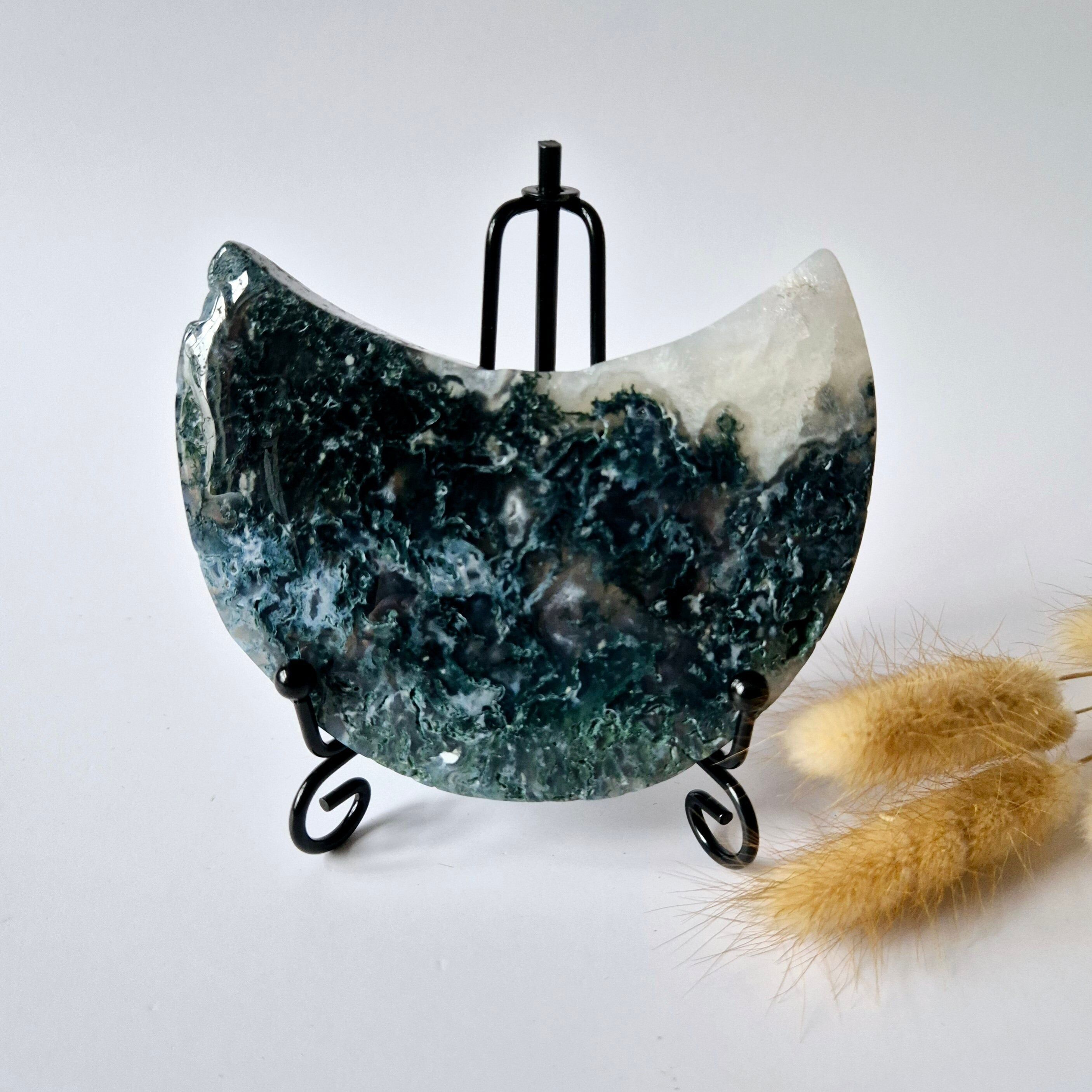 Edelstein Moosachat Mond auf Ständer (Druzy & Muster) Nr. 117 222 Gramm