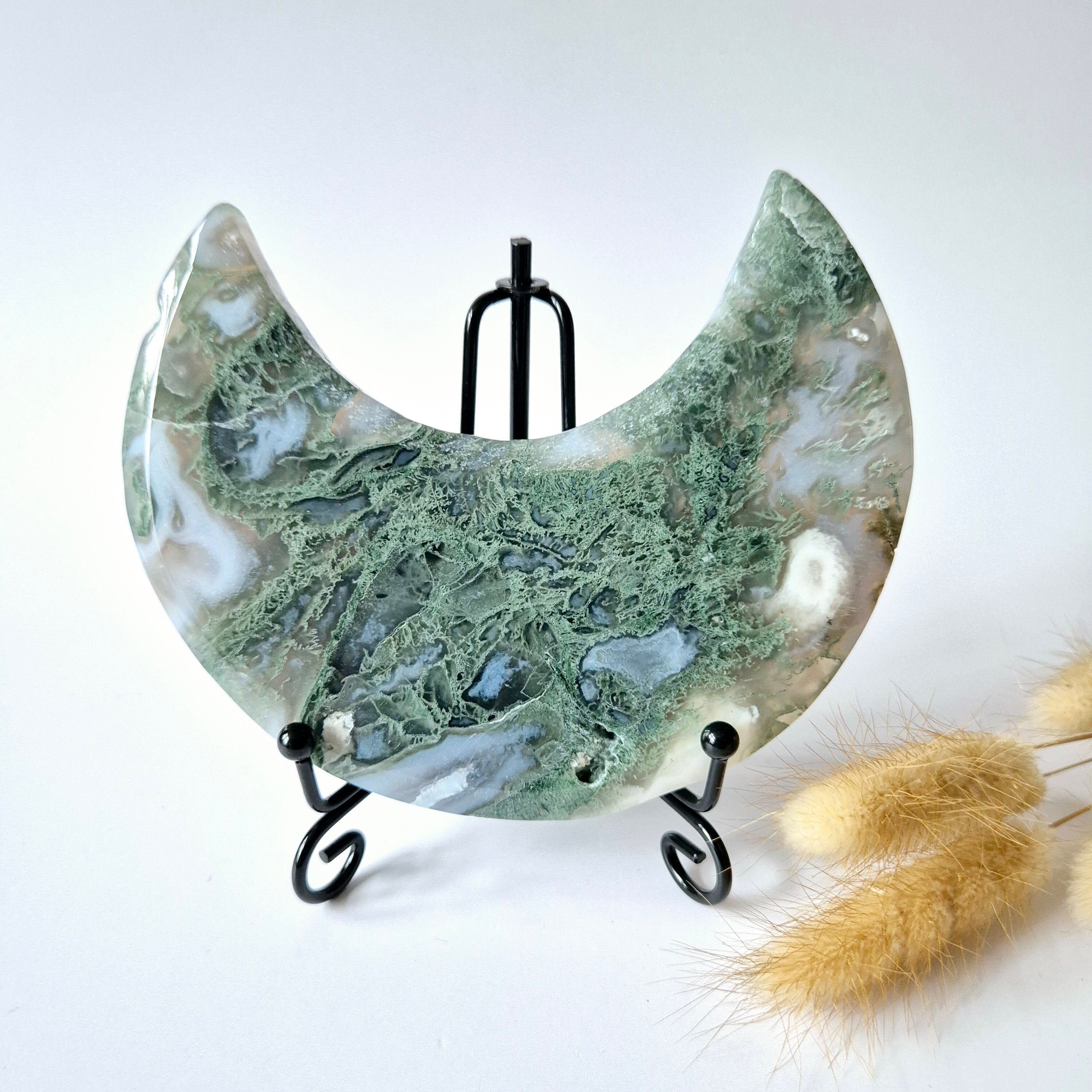 Edelstein Moosachat Mond auf Ständer (Druzy & Muster) Nr. 119 294 Gramm