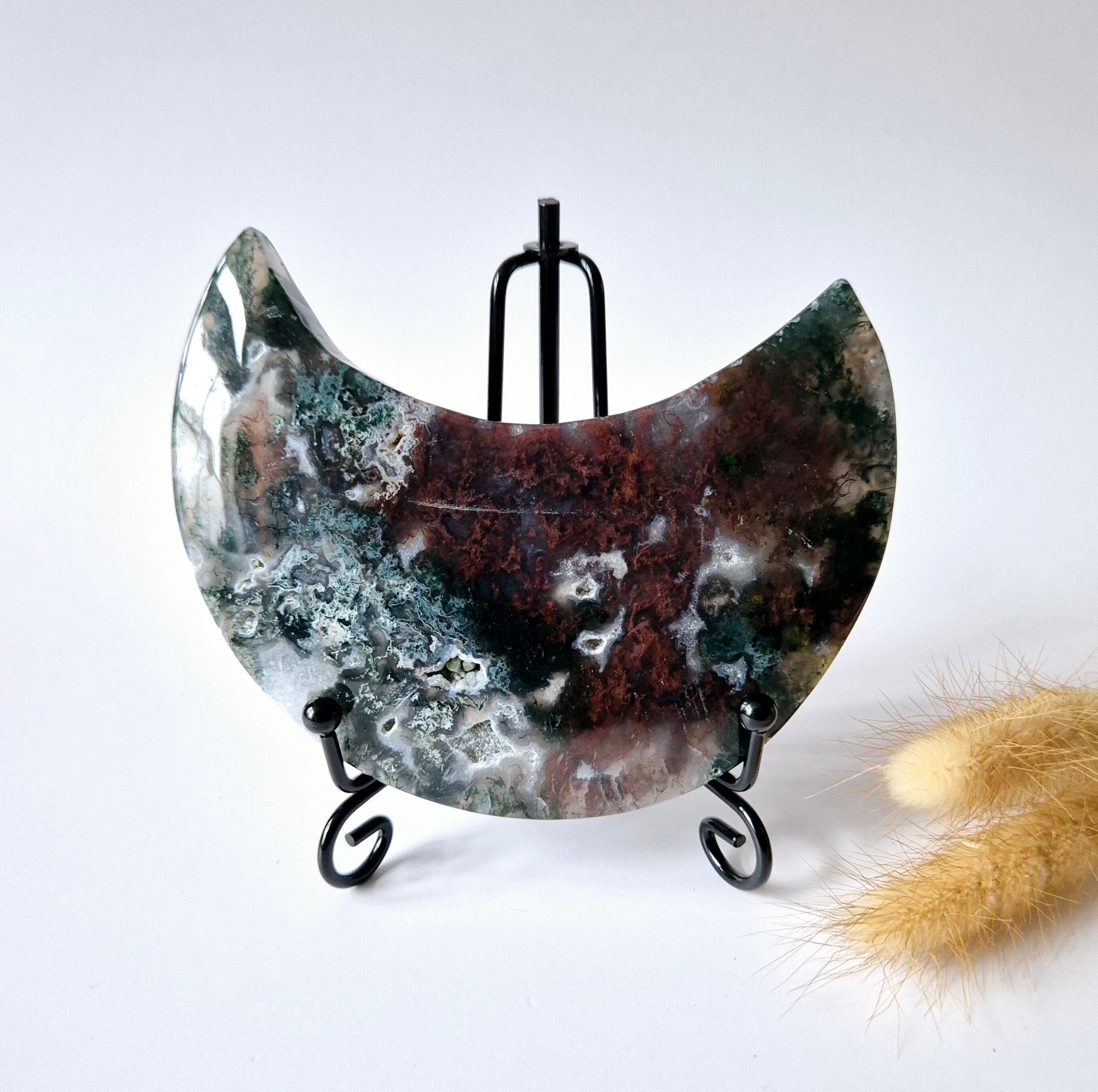 Edelstein Moosachat Mond auf Ständer (Druzy & Muster) Nr. 121 275 Gramm