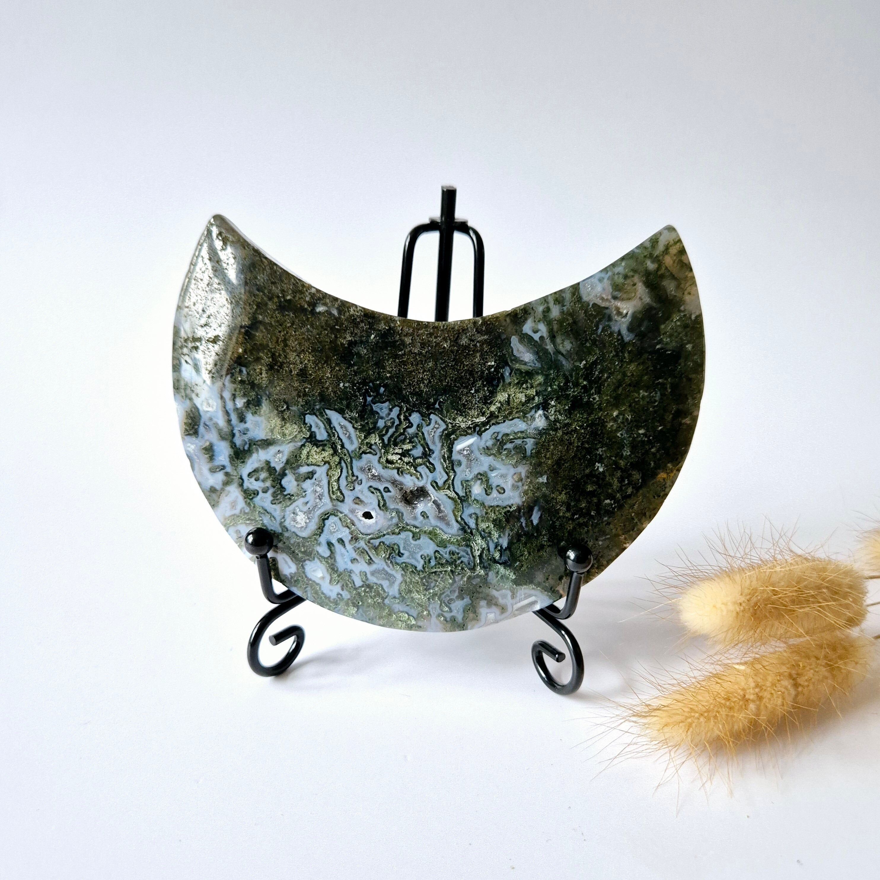 Edelstein Moosachat Mond auf Ständer (Druzy & Muster) Nr. 122 300 Gramm