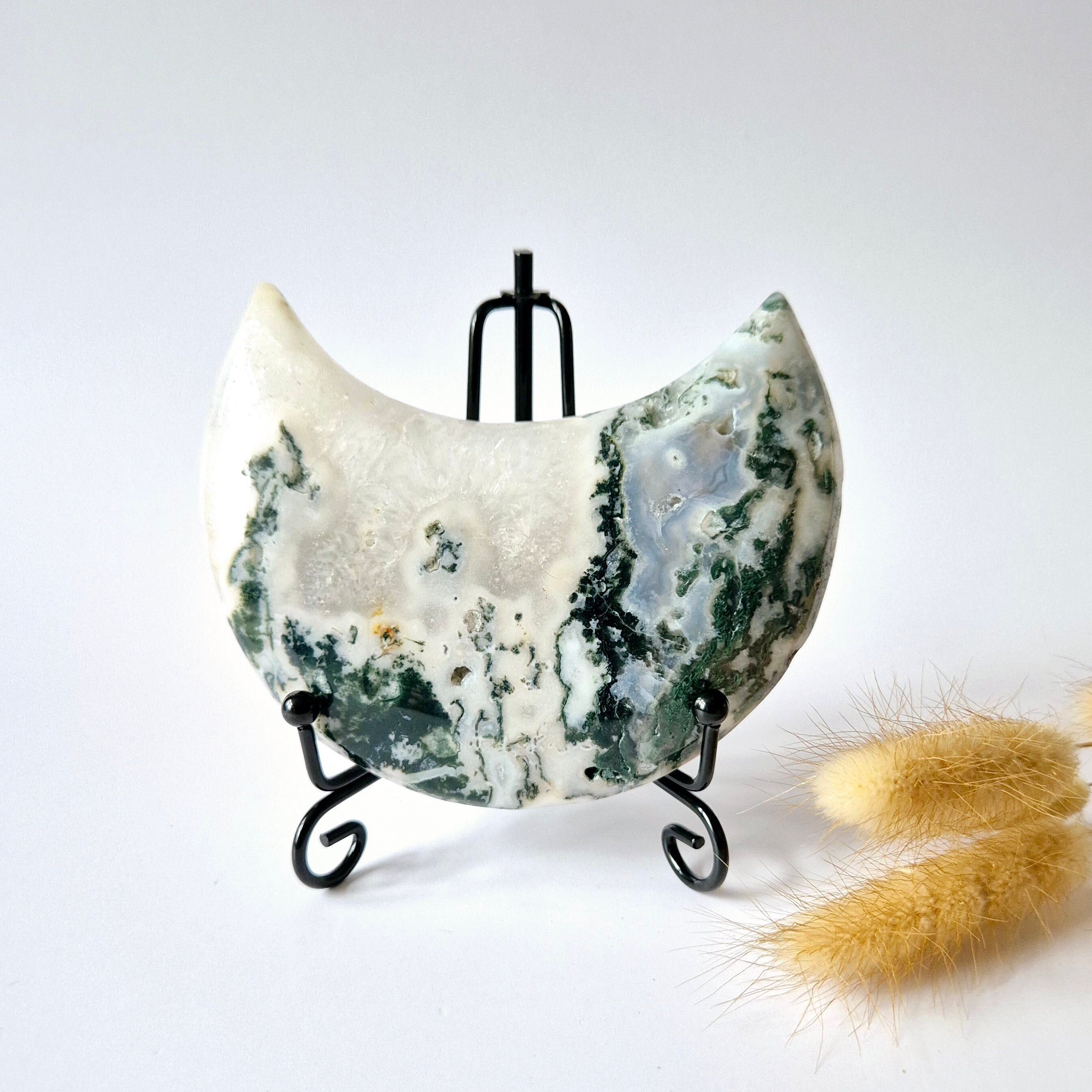 Edelstein Moosachat Mond auf Ständer (Druzy & Muster) Nr. 123 335 Gramm