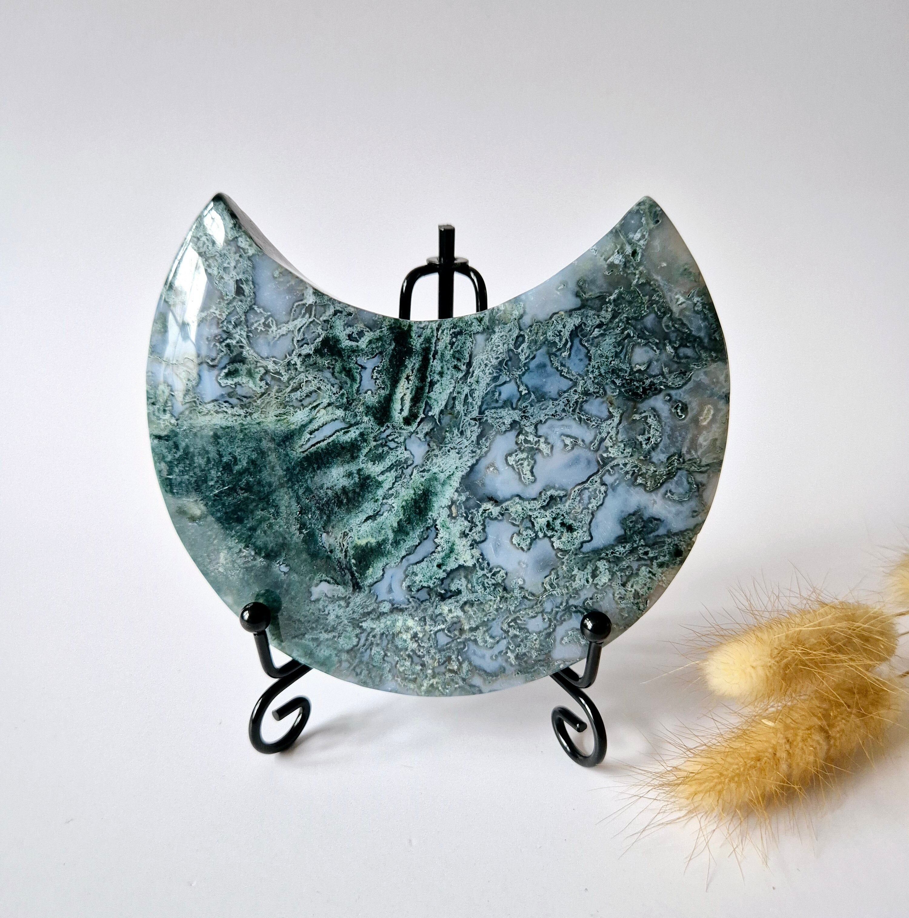 XL Edelstein Moosachat Mond auf Ständer (Druzy & Muster) Nr. 125 377 Gramm