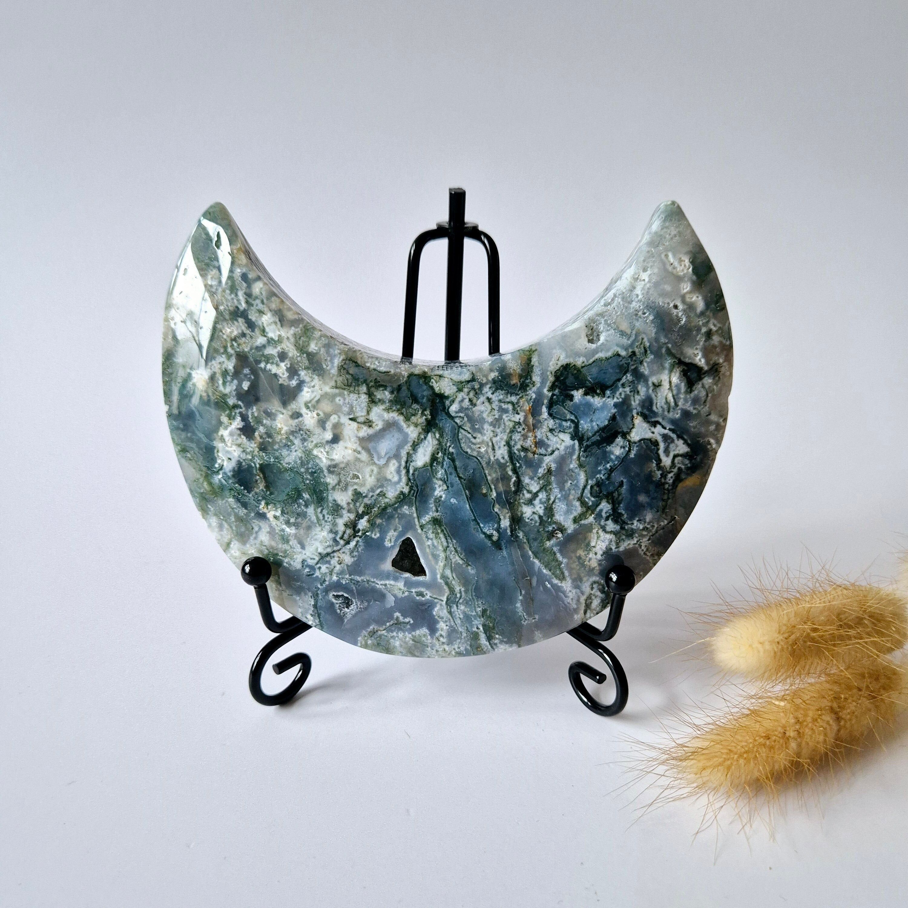 Edelstein Moosachat Mond auf Ständer (Druzy & Muster) Nr. 127 310 Gramm