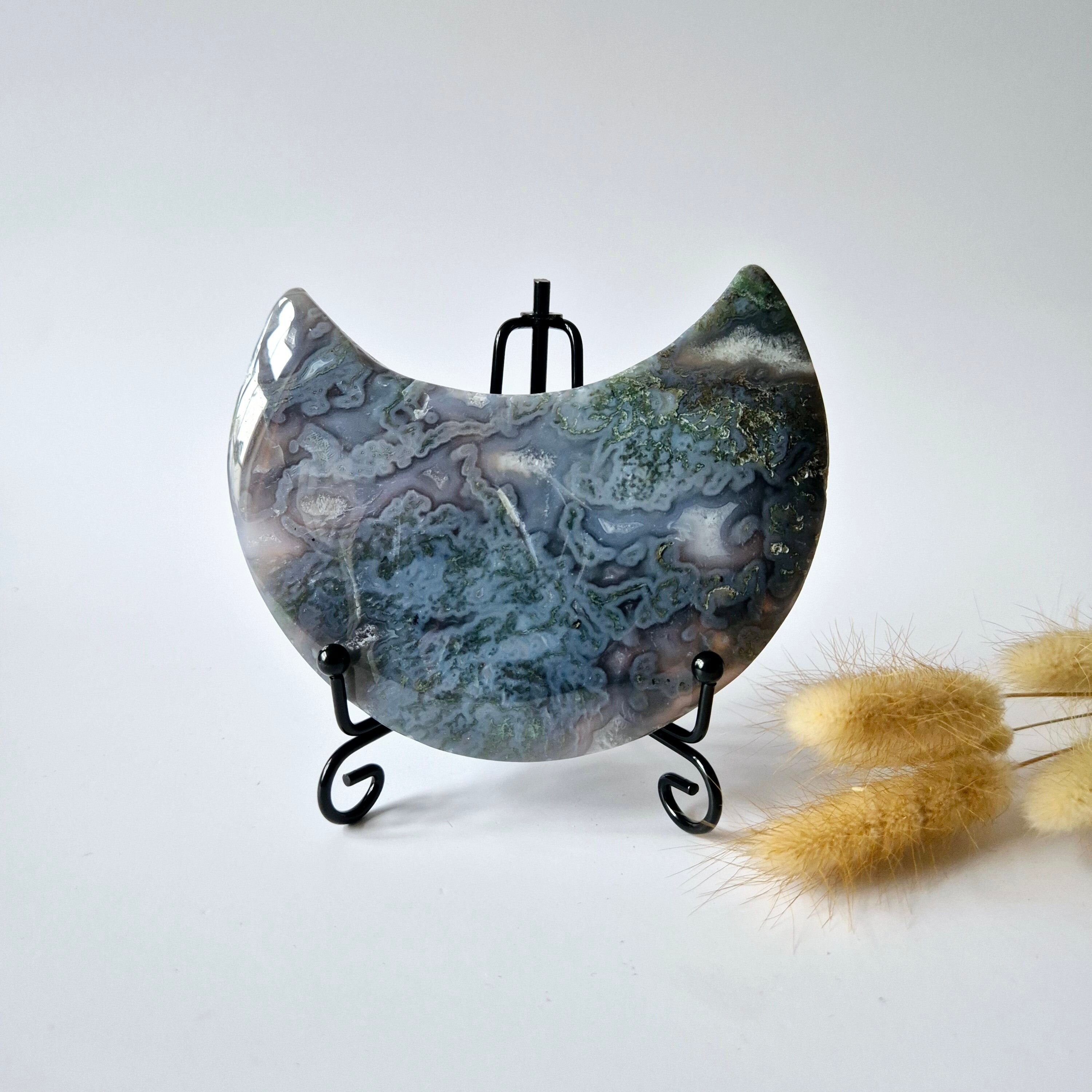 Edelstein Moosachat Mond auf Ständer (Druzy & Muster) Nr. 129 323 Gramm