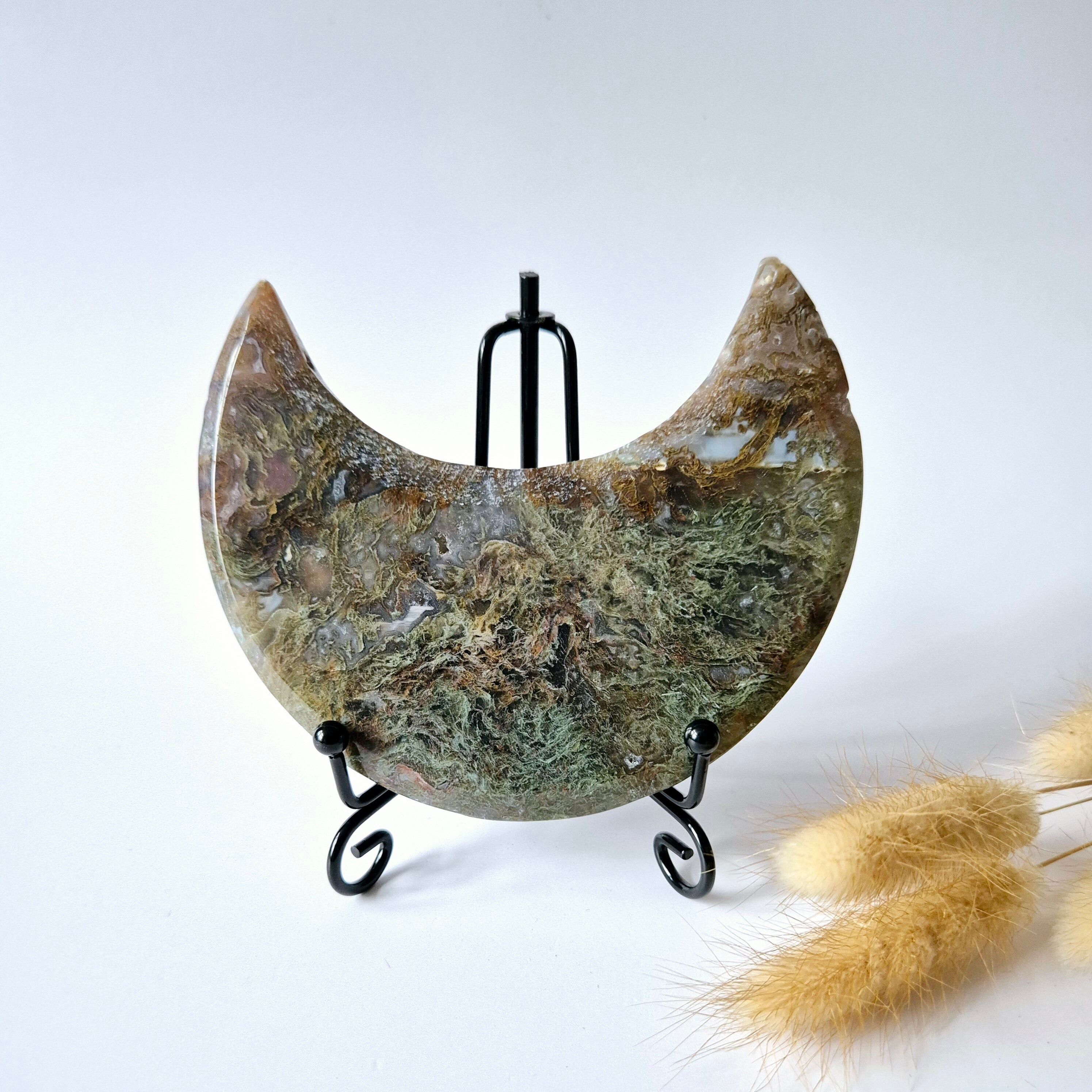 Edelstein Moosachat Mond auf Ständer (Druzy & Muster) Nr. 131 265 Gramm