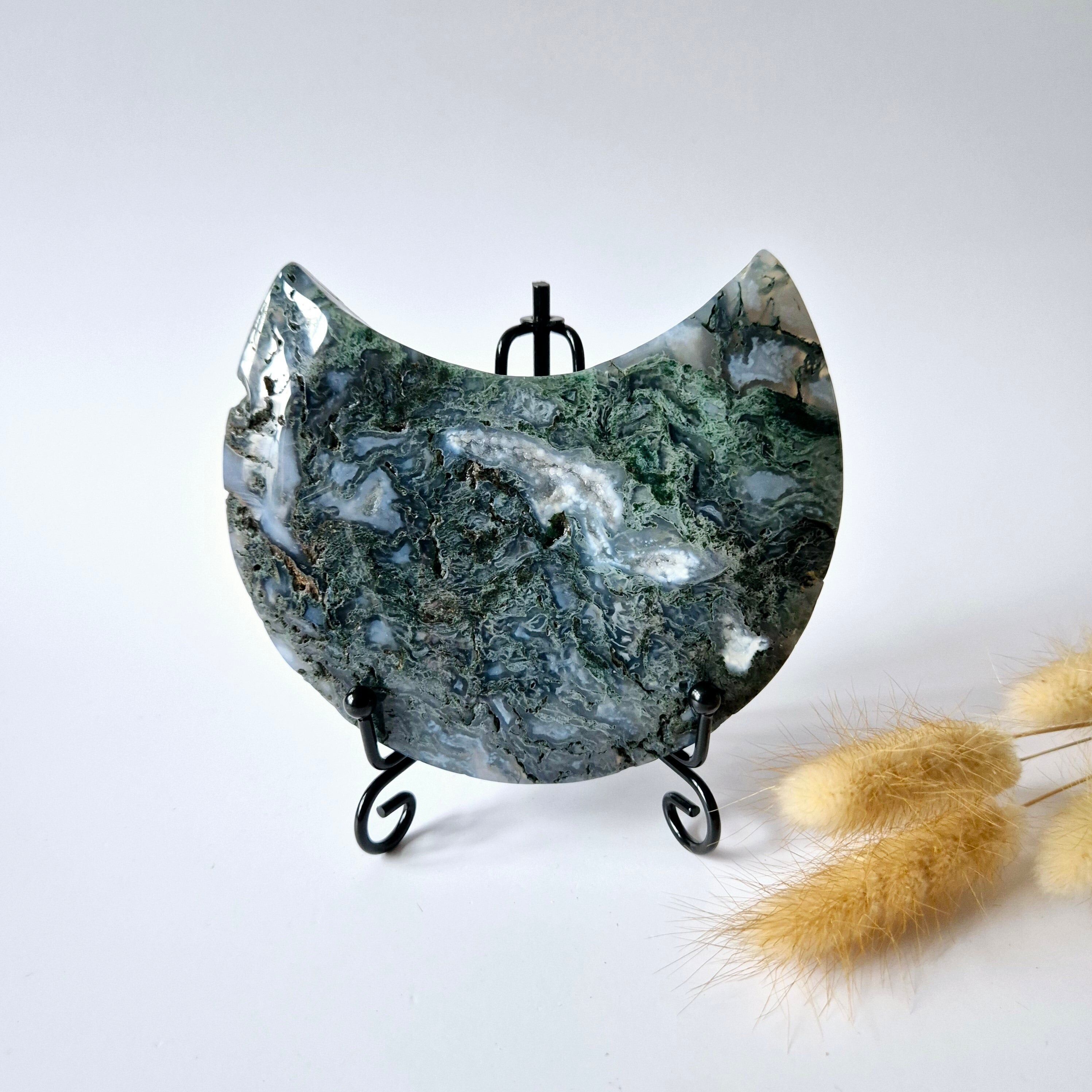 Edelstein Moosachat Mond auf Ständer (Druzy & Muster) Nr. 132 357 Gramm