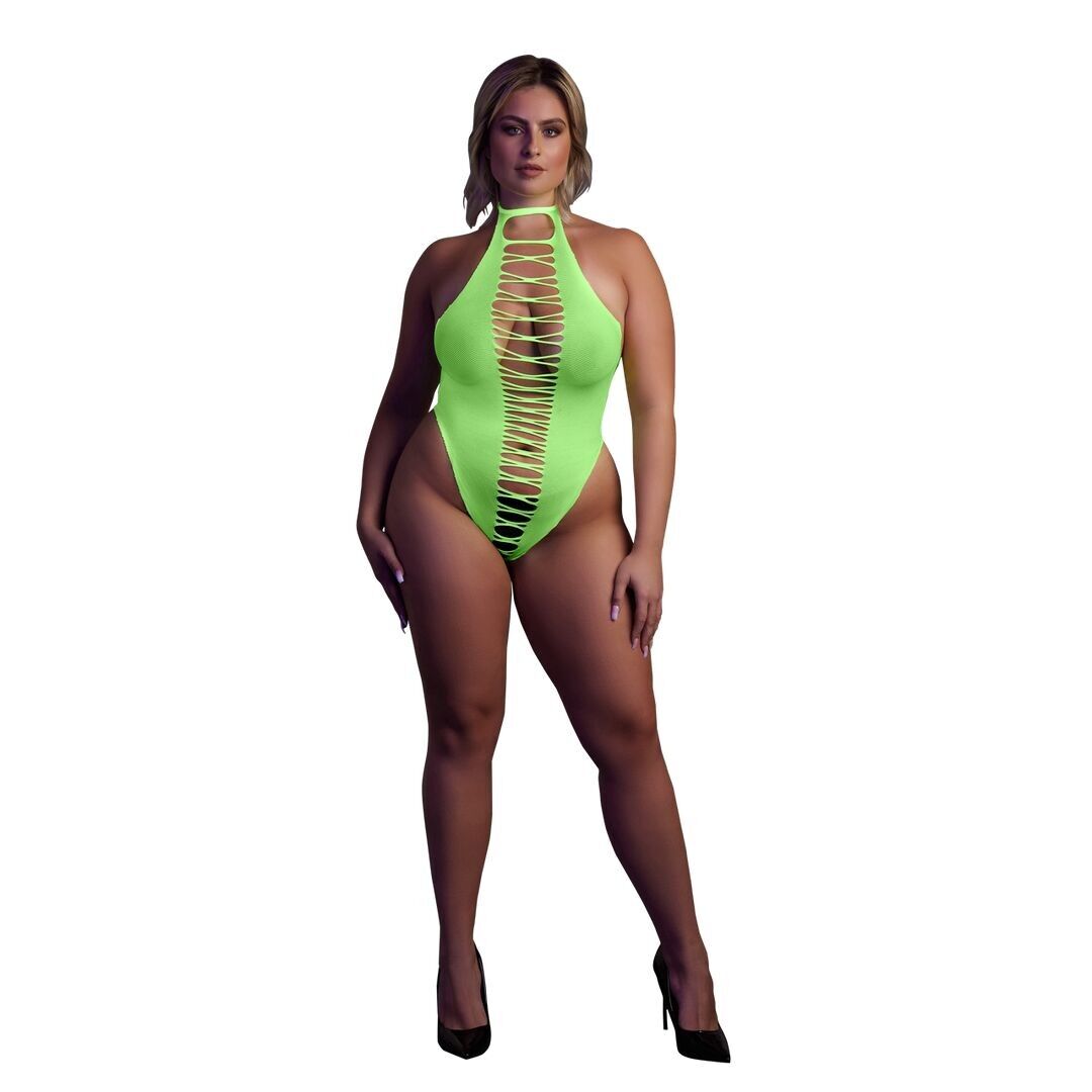 Autsch! von Shots – High Cut Bodysuit – Übergröße – Neongrün – Neon Char...