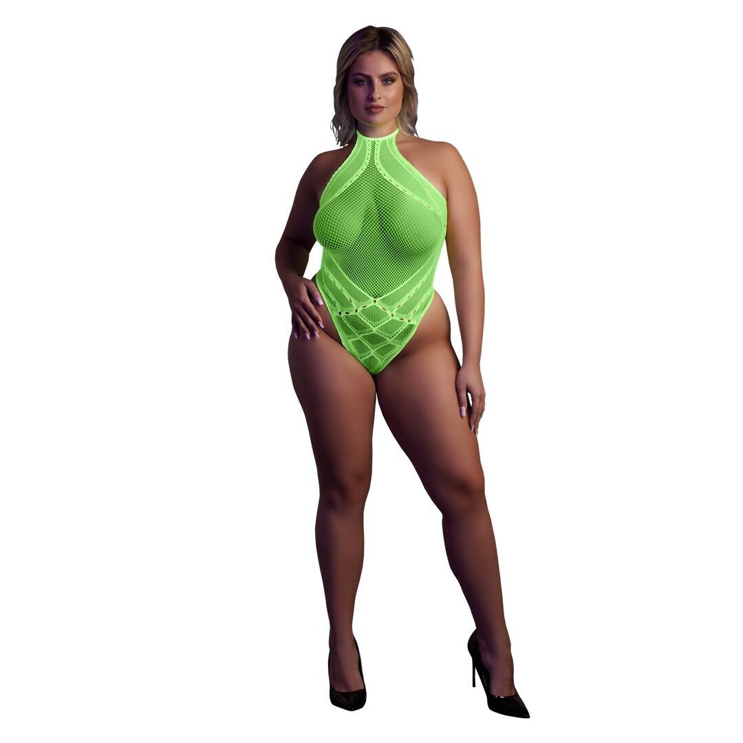 Autsch! von Shots – Neckholder-Bodysuit – Übergröße – Neongrün – Neon...