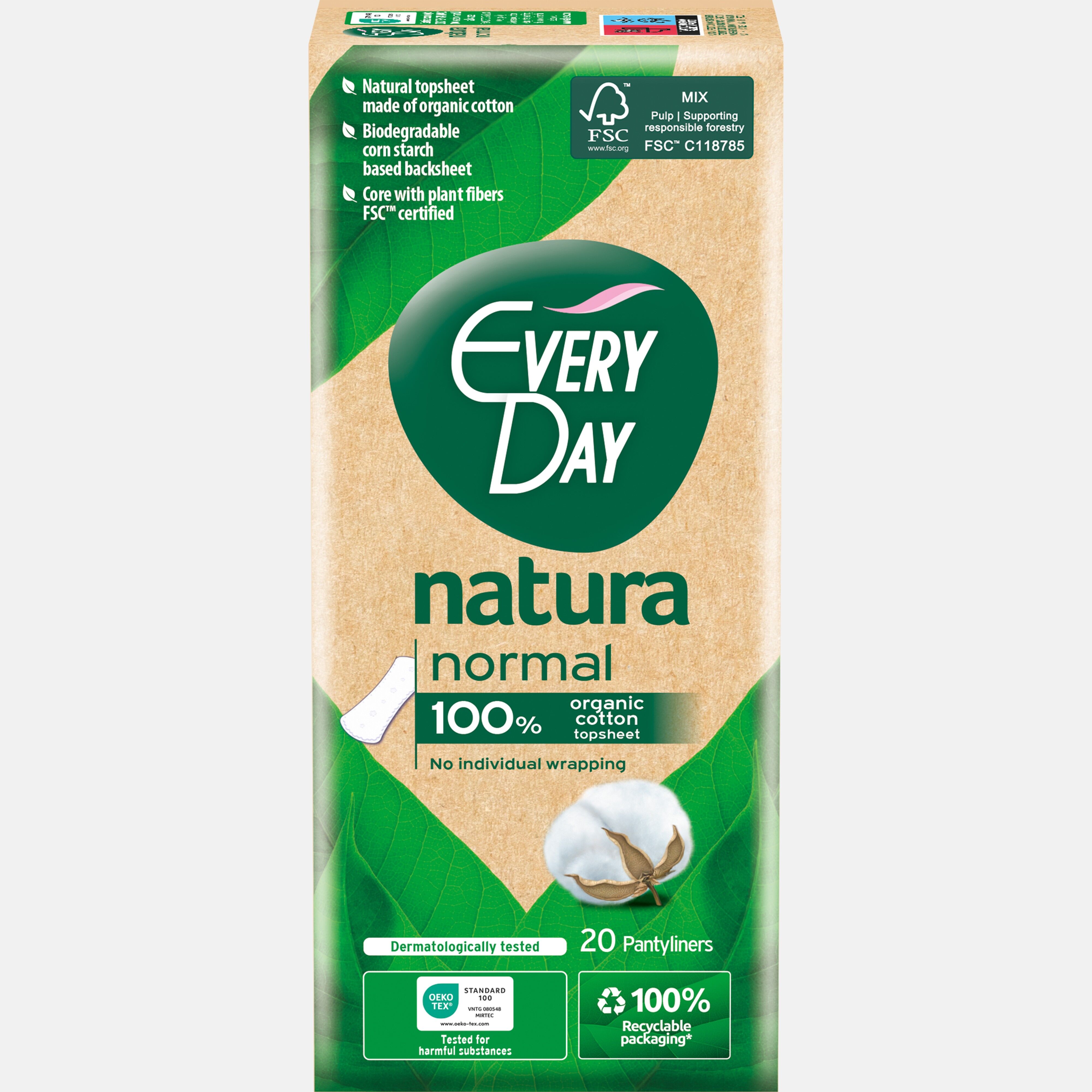 EVERYDAY NATURA, Salvaslip femminile con Filtrante 100% Cotone Organico, 20 unità