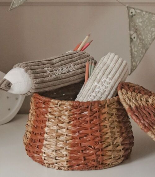 Sugar Brown - corduroy pencil case in the shape of a crayon with the child's name on it