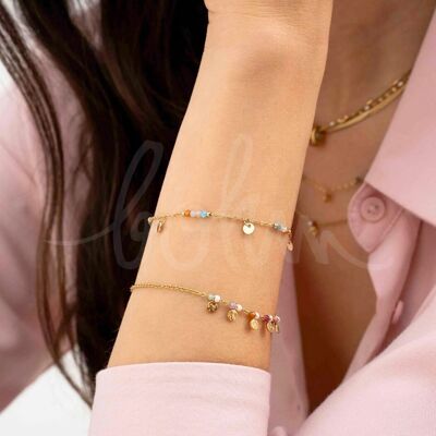 Pulsera Eurydia - malla fina con borlas redondas y pequeñas piedras naturales